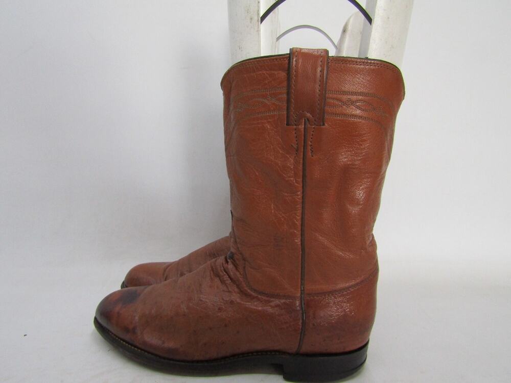 Justin Mens Size 8.5 E Brown Leather Ostrich Roper Cowboy Western Boots